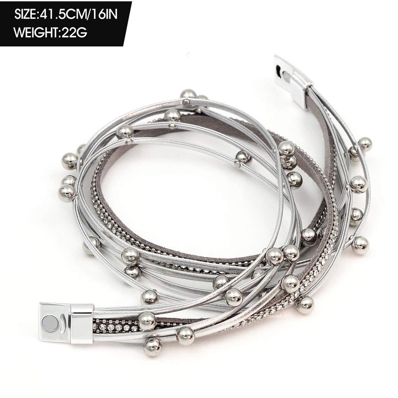 Suyi Women Wrap Bracelet Multilayered Leather Braided Bangle Wrist Cuff Bangles with Magnetic Buckle Silver1 - Image 5